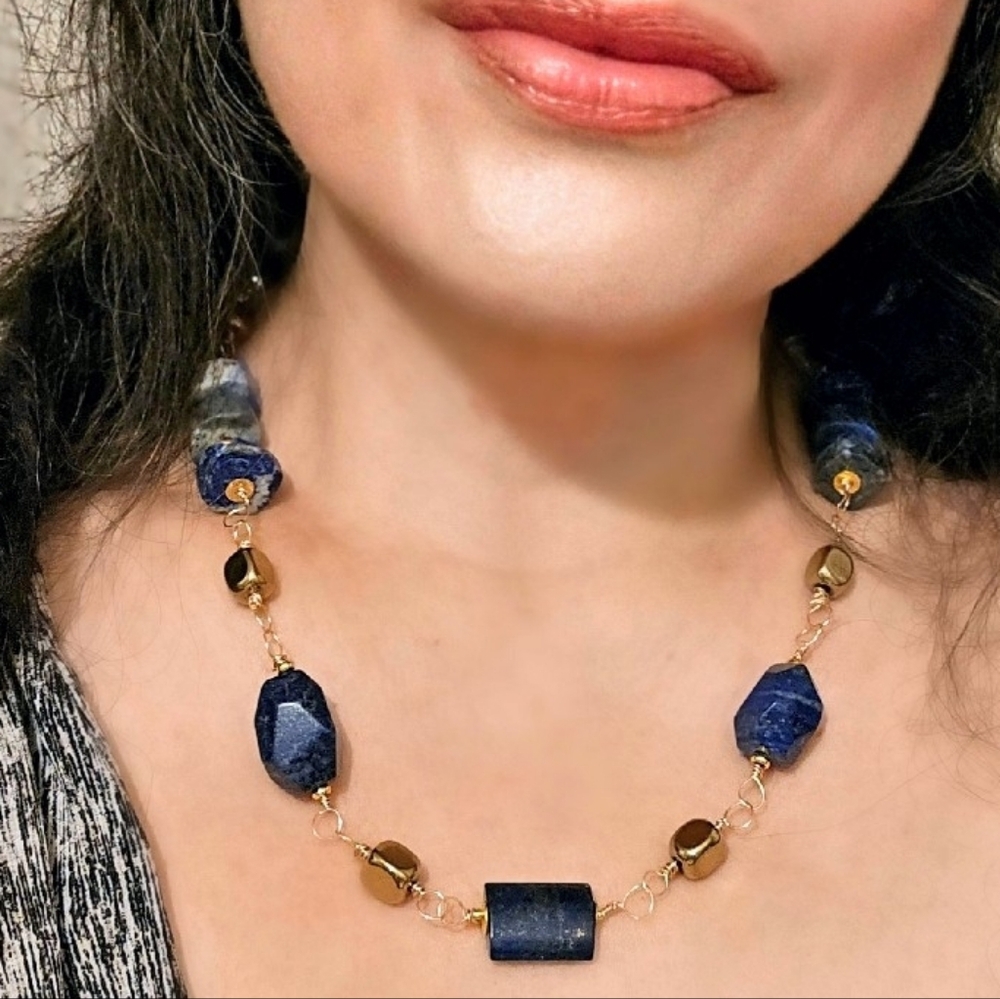 Natural Blue Lapis Lazuli In Chunky Rosary W/ Hematite In Rosary Style Necklace